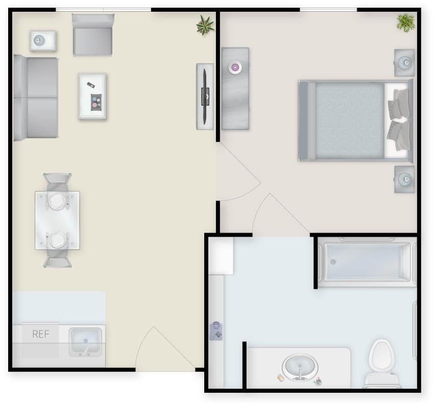Coo_OneBedroom_1b1b_staged_rev One-Bedroom Floor Plan